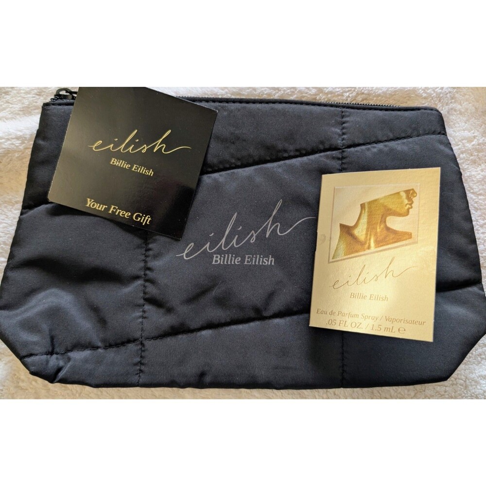 Billie Eilish Black Quilted Makeup Pouch & Eilish EDP Perfume Vial Sample Lot